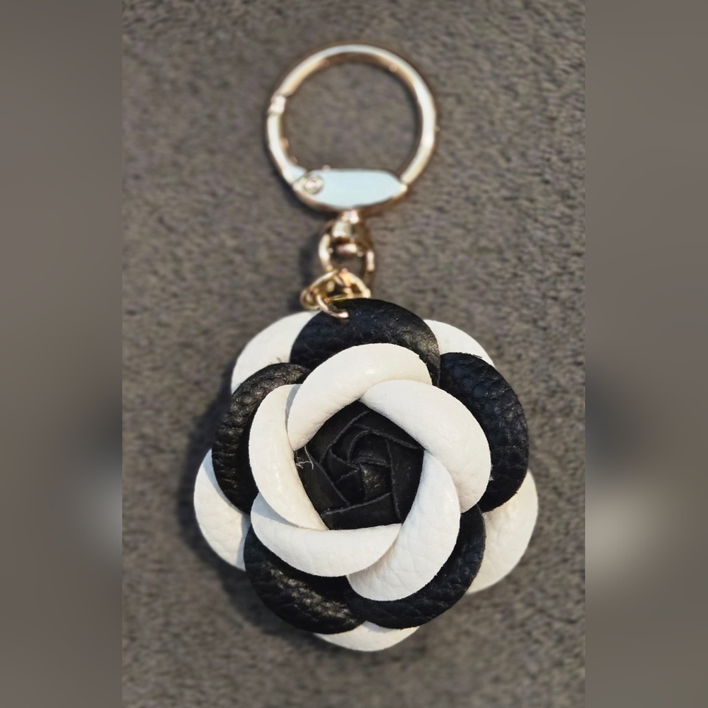 Black and White Leather Camilla Flower Keychain or Bag Charm